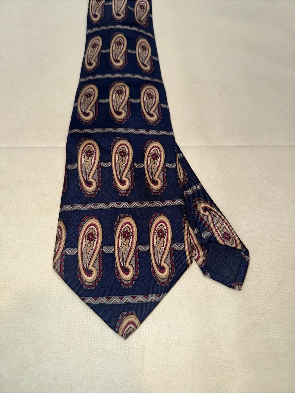 Eddie Bauer Navy Paisley Silk Tie with Beige and Burgundy Accents